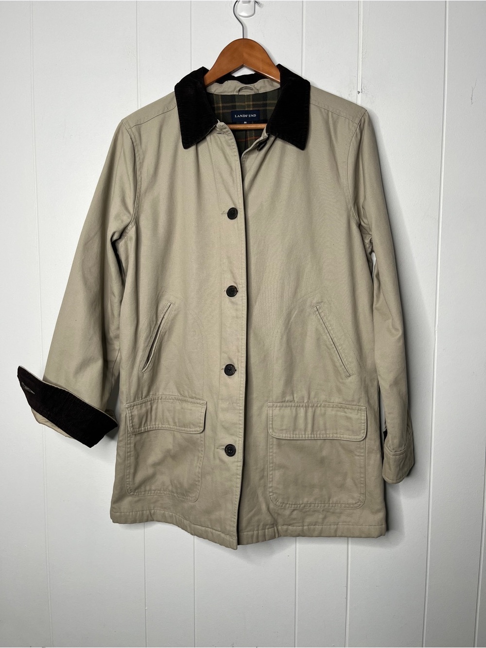 Lands' End Beige Chore Coat with Dark Brown Corduroy Contrast Collar Size M